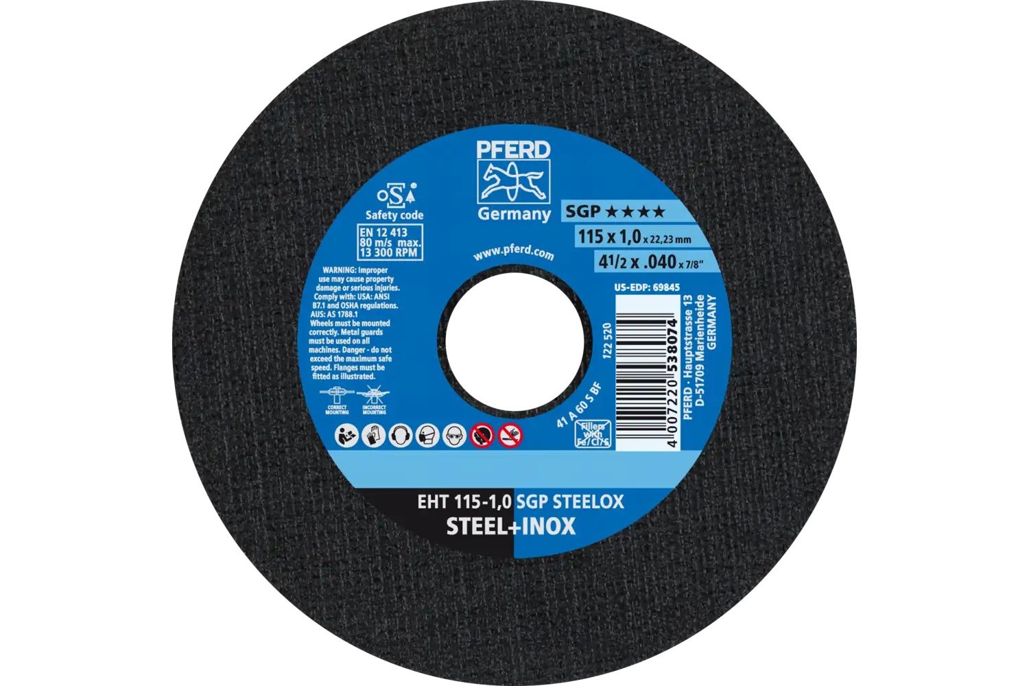 Picture of Pferd Cut-Off Wheel, 4-1/2" X .040 X 7/8, Sgp Steelox, T1, Aluminum Oxide